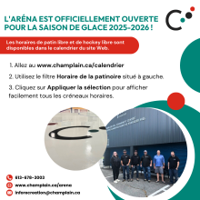 Logo et photos d'une patinoire avec cinq personnes posant ensemble.