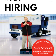 Person with ice resurfacer, holding a snow pusher, on an ice rink.