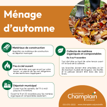 Affiche sur le ménage d'automne avec feuilles mortes et logos recyclage.