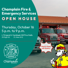 Fire hall with two fire trucks and cartoon dog in firefighter gear.