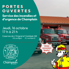 Deux camions de pompiers rouges devant une caserne, personnage de chien pompier.