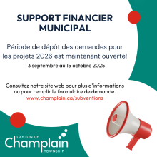 Support financier municipal, dates de dépôt: 3 sept-15 oct 2023, logo de Champlain.