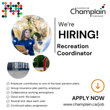 We're hiring Recreation Coordinator. Apply now at champlain.ca/job.