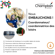 Cercle de personnes avec un intervenant; texte sur l'emploi à Champlain.