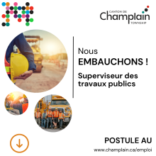 Nous embauchons ! Superviseur des travaux publics, canton de Champlain.