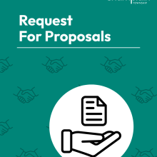Request for proposals cover, graphic of a hand holding a document.
