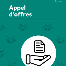 Graphic avec main tenant un document sur fond vert, texte « Appel d'offres ».
