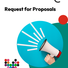 Megaphone held by hand, blue circle, coloured dots.