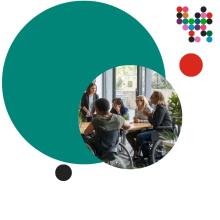 Community meeting with participants gathered around a table, framed within a teal graphic design with decorative colored dots.
