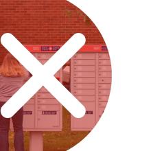 White X symbol over a red-toned textured background over a mailbox picture.