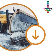 Snowplow clearing a snow-covered road, with a downward arrow icon.