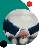 Two people shaking hands, framed within a teal and black graphic design.