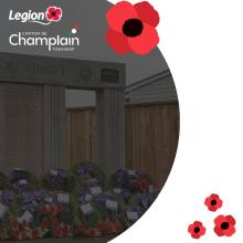 Flower bed and memorial structure displayed beneath Legion and Township of Champlain logos, with poppy graphics decorating the image.