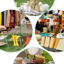 Collage of vintage items, including books, home décor, and market-style displays.