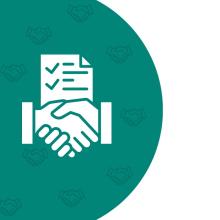 two hand shaking with a document in the background in a teal half circle