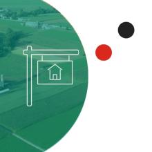 green aerial view of land in a circular shape, an outlined real estate sign with a house icon, and red and black accent dots on a light gray background.