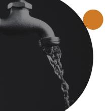 dark water faucet with water flowing from the spout, set against a black circular background with an orange accent circle in the upper right corner.