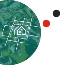 Aerial view of rural properties with a white zoning map illustration highlighting a house and property boundaries, with red and black circular accents.