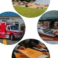 Collage showcasing different municipal services, including fire services, recreation, finance, and administrative services.