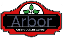 Arbor Gallery Cultural Centre logo with red border and green leaves.
