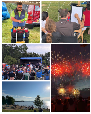 Festival scenes: Balloon artist, sketch artist, concert, fireworks, lakeside.