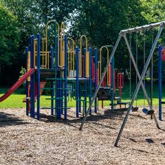 Playground with slides and swings, surrounded by trees.