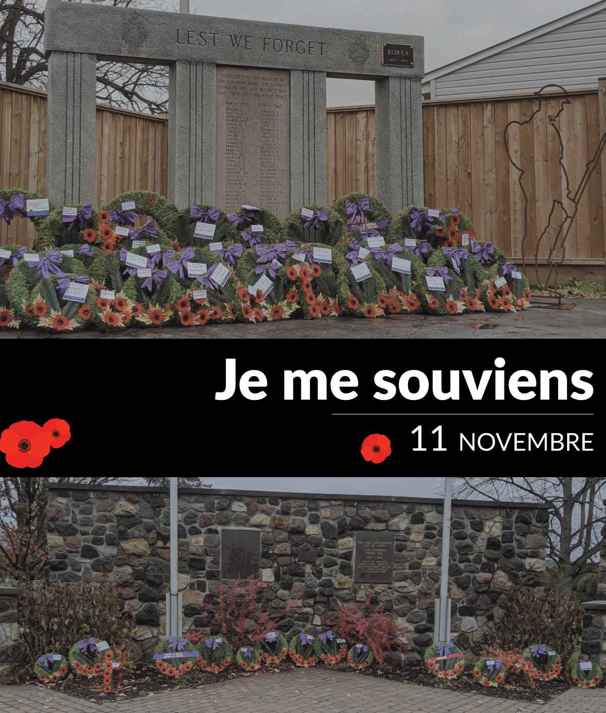 Wreaths laid at stone memorials, poppies and "Je me souviens" text.